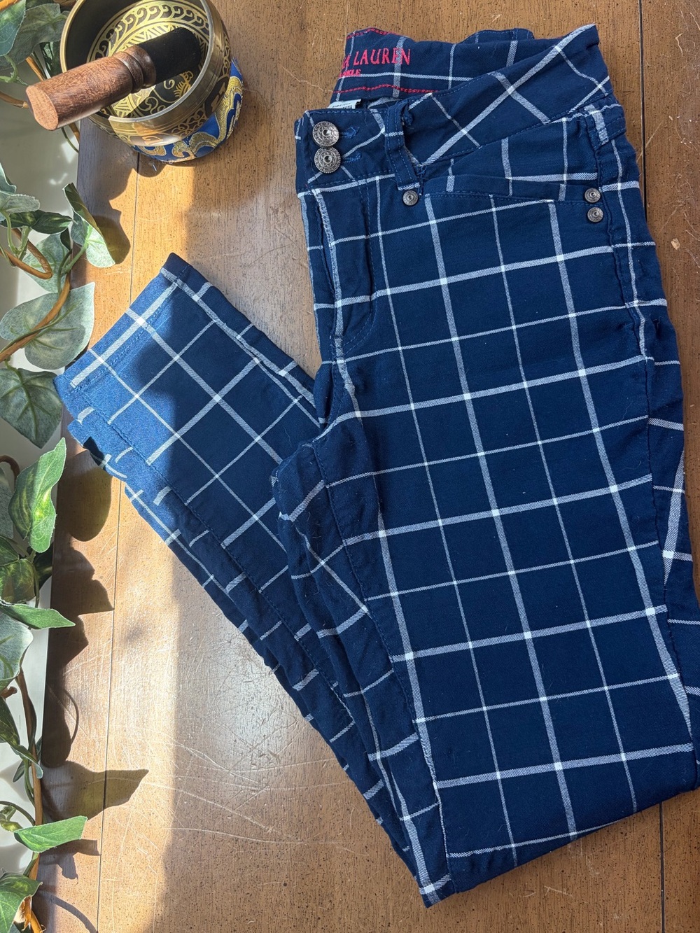 Navy Blue Windowpane Plaid Pants Women Size 10 Ankle Stretch Slim Fit
